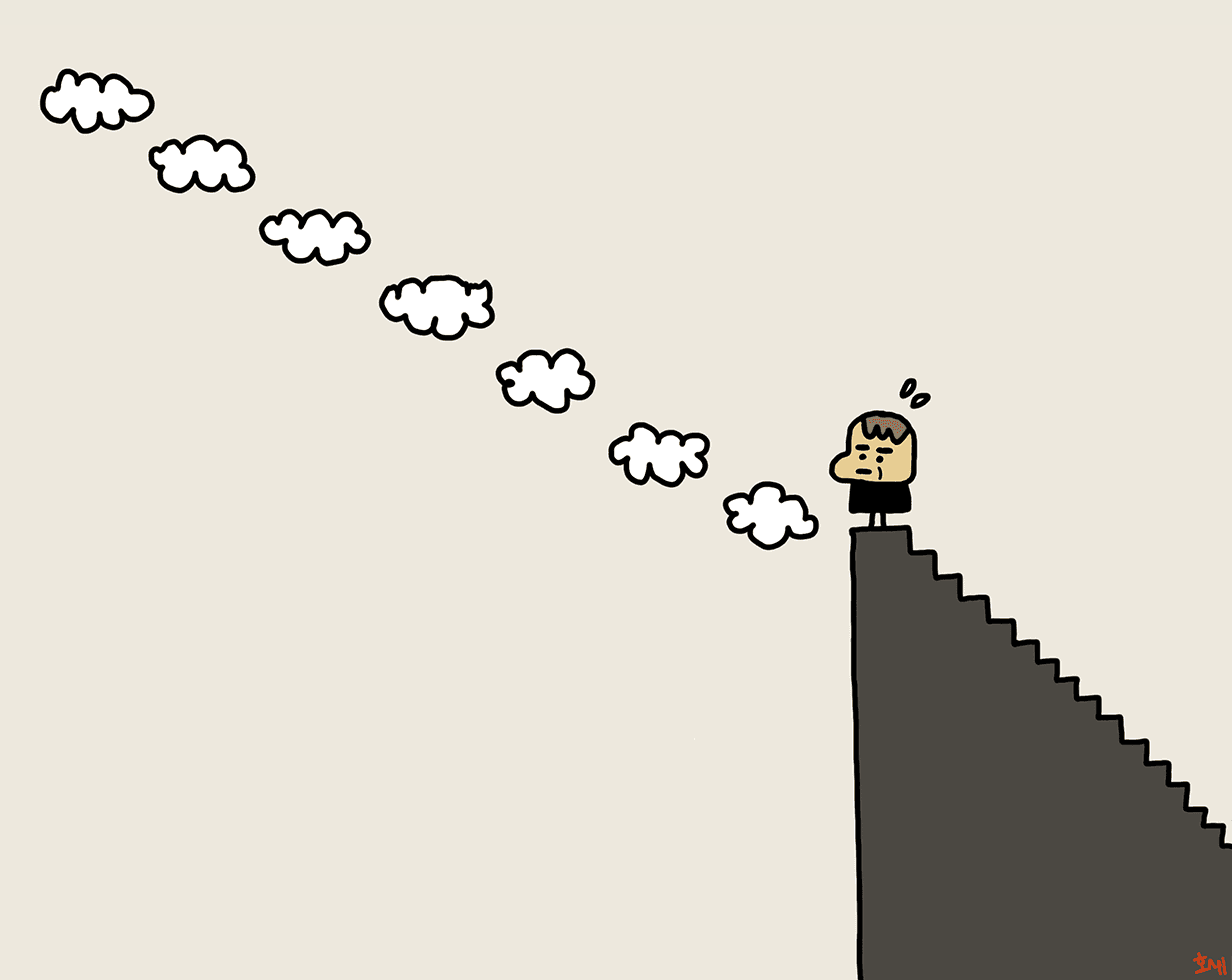 Illustration of a small figure standing at the top of a staircase, watching a trail of clouds drift past.